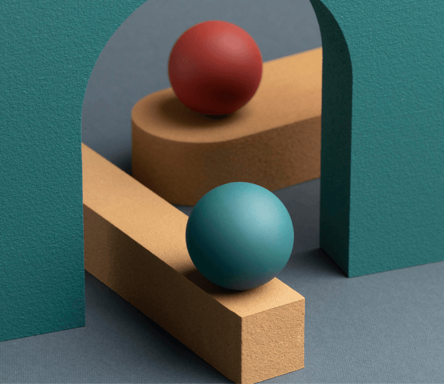 Abstract 3D shapes balancing on a wooden block
